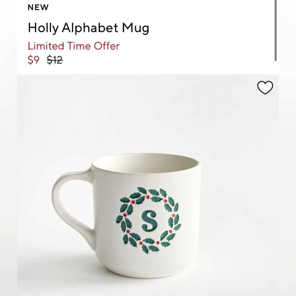 Pottery Barn Holly Alphabet 4 Mugs Letter S NWT / Christmas / Holiday